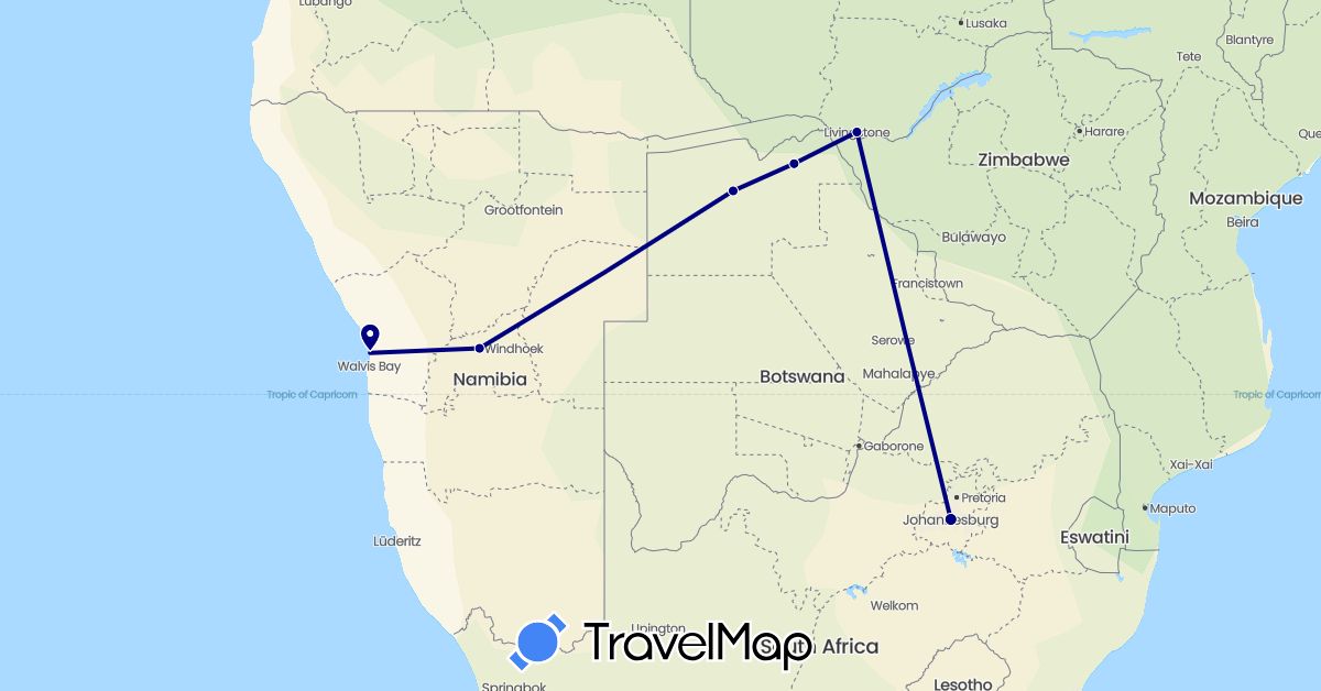 TravelMap itinerary: driving in Botswana, Namibia, South Africa, Zambia (Africa)
